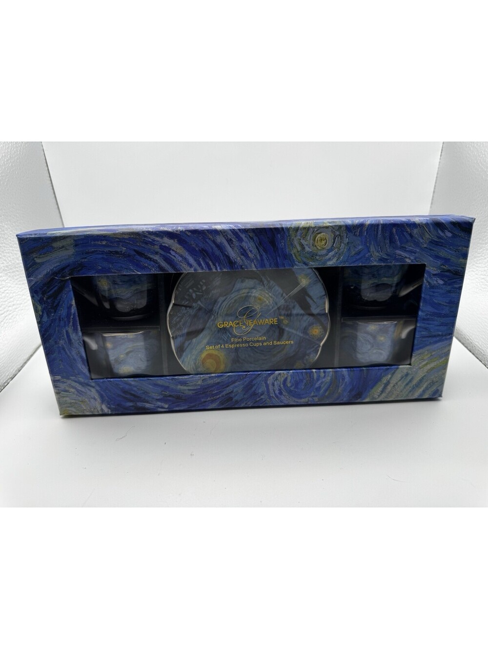 Grace Teaware Starry Night Van Gogh Espresso Cups and Saucers 8 Piece Gift Set⁠